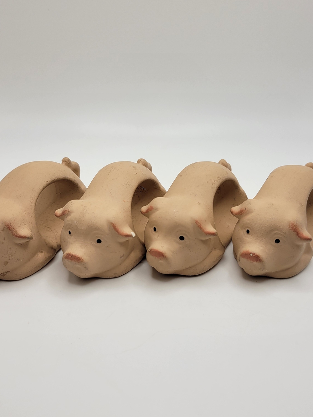 Set of 4 Vintage  Bisque Porcelain Pink Pig Ceramic Napkin Rings Hand Painted